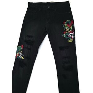 Reckless Dragon Jeans Mens‎ 33x31 Black Skinny Fit Distressed Embroidered Denim
